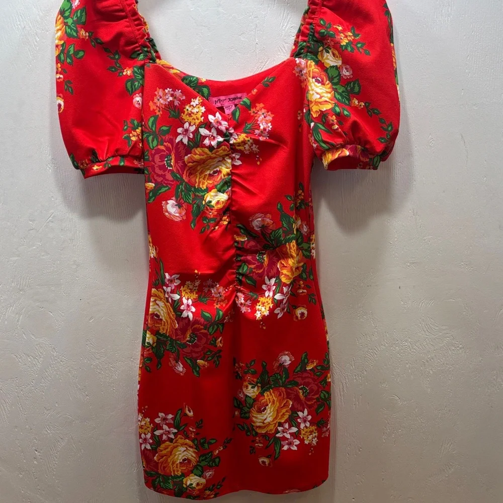 Betsey Johnson Red Fire Flower Milkmaid Mini Dress Floral Puff Sleeve Ruched Y2K - Picture 5 of 8